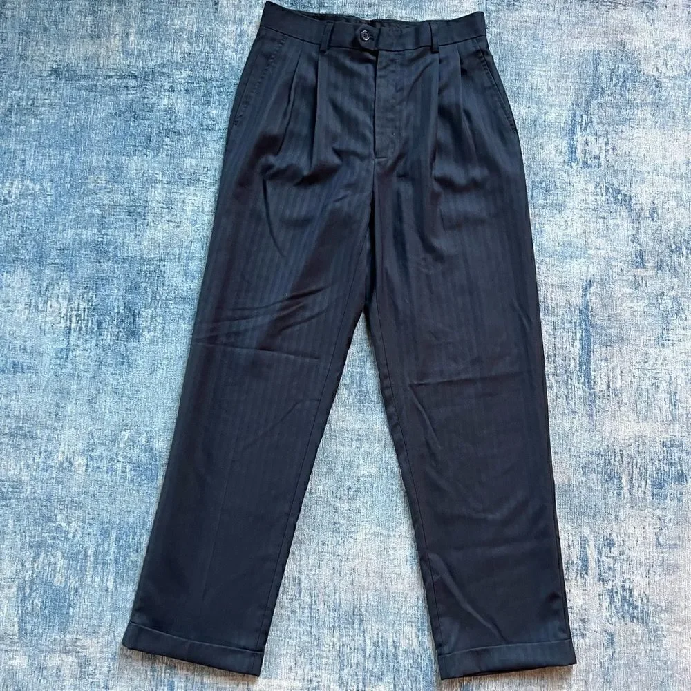 Boys Bertucci Navy Blue Pleated Front Dress Pants with Vertical Stripes Size 18